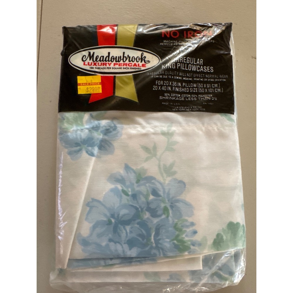 Meadowbrook Vintage King Pillowcases Floral Luxury Percale Blue White 2ct USA